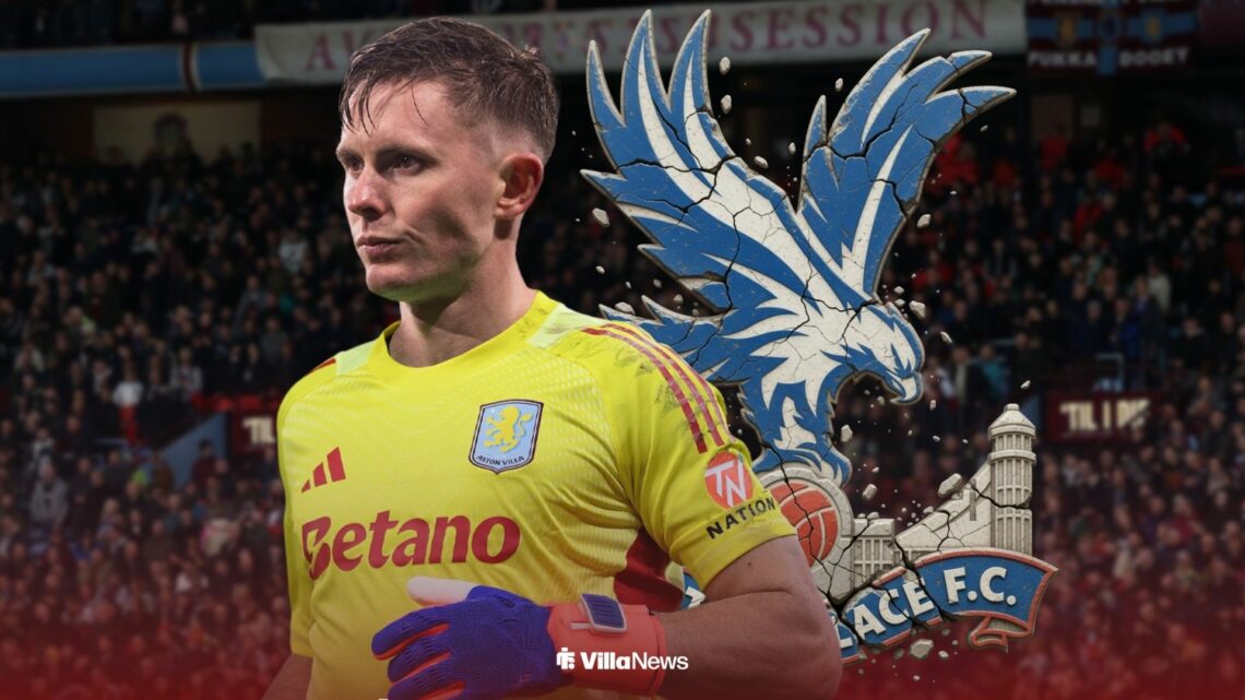 Dean Henderson in an Aston Villa shirt next to a Crystal Palace badge