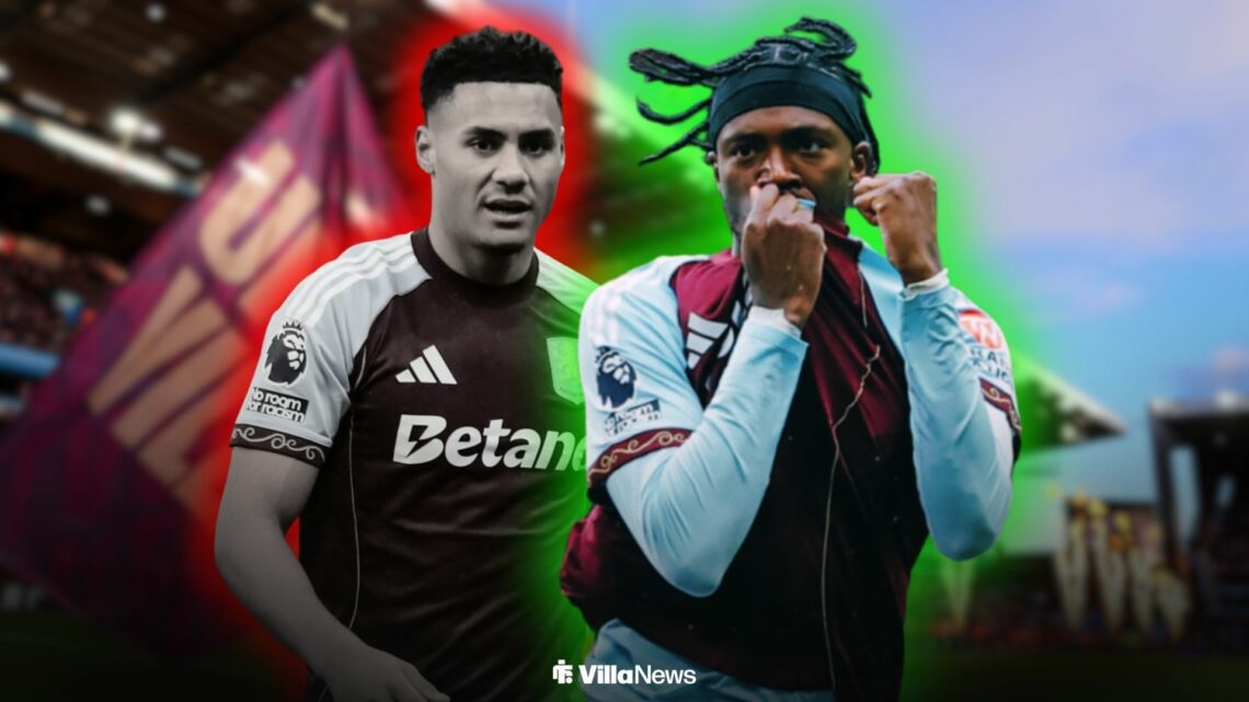 Ollie Watkins looking annoyed towards Tammy Abraham celebrating for Aston Villa