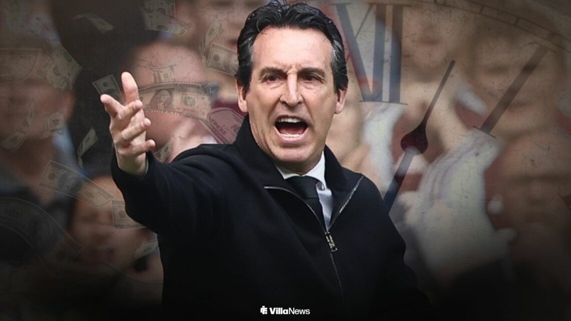 Unai Emery at Villa Park next to falling money notes and a clock face