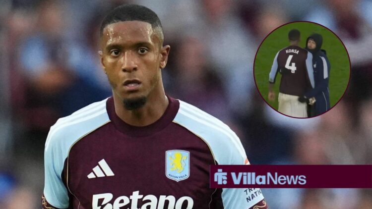 Ezri Konsa playing for Aston Villa looking towards a circle inset of Ezri Konsa getting angry against Wolves