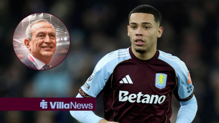 Nassef Sawiris looking happy in a small inset on the left, in the direction of Alysson Edward who is playing in an Aston Villa home shirt.