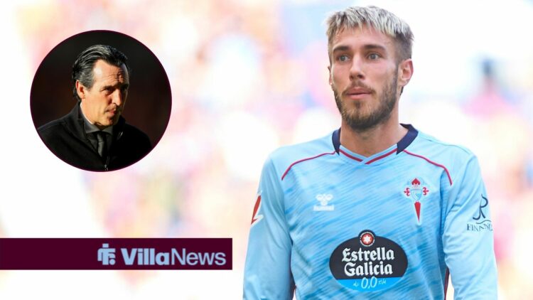 Oscar Mingueza playing for Celta Vigo vs Levante in November with Uani Emery in frame