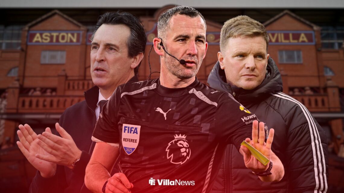 Chris Kavanagh witrh Eddie Howe and Unai Emery behind him at Villa Park