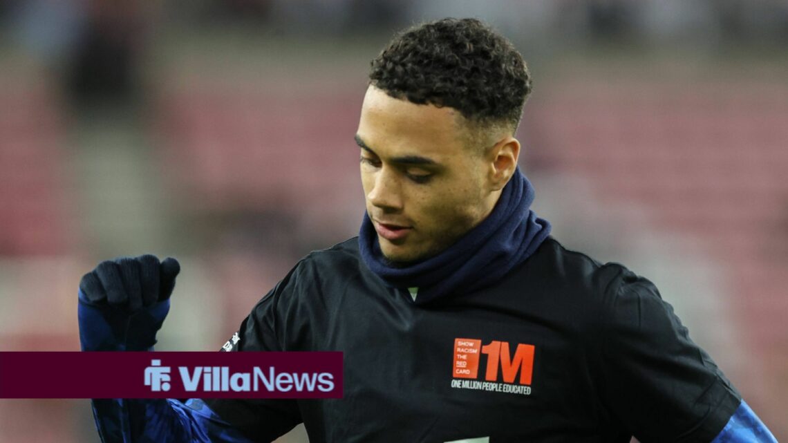 Aston Villa's Lewis Dobbin warming up at Villa Park