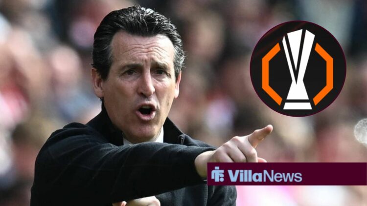 Unai Emery pointing with circular inset of Europa League logo