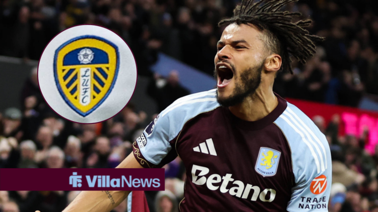Tyrone Mings of Aston Villa celebrates his goal to make it 1-0 during the Aston Villa vs Brighton and Hove Albion Premier League match at Villa Par...