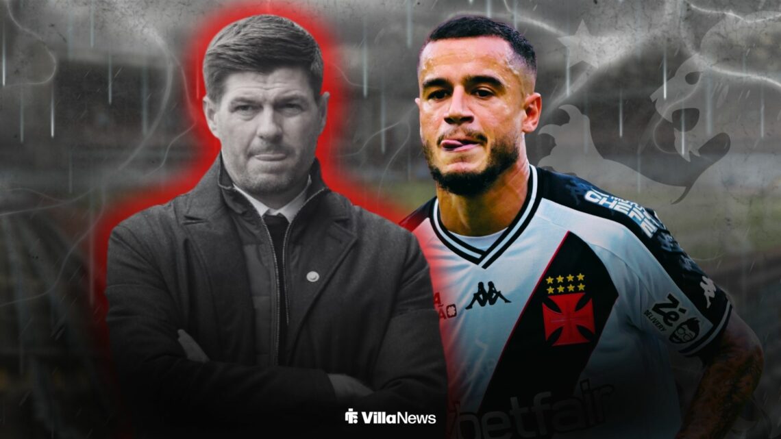 Philippe Coutinho playing for Vasco da Gama looking towards Steven Gerrard greyed out surrounded by red