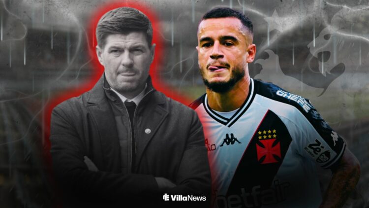 Philippe Coutinho playing for Vasco da Gama looking towards Steven Gerrard greyed out surrounded by red