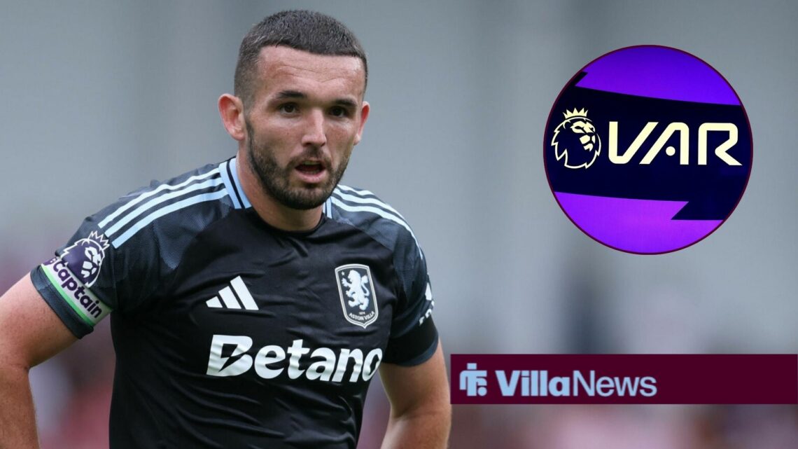 John McGinn playing for Aston Villa looking towards a circle inset of the Premier League VAR logo