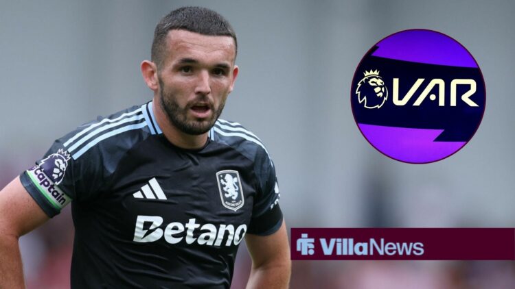 John McGinn playing for Aston Villa looking towards a circle inset of the Premier League VAR logo