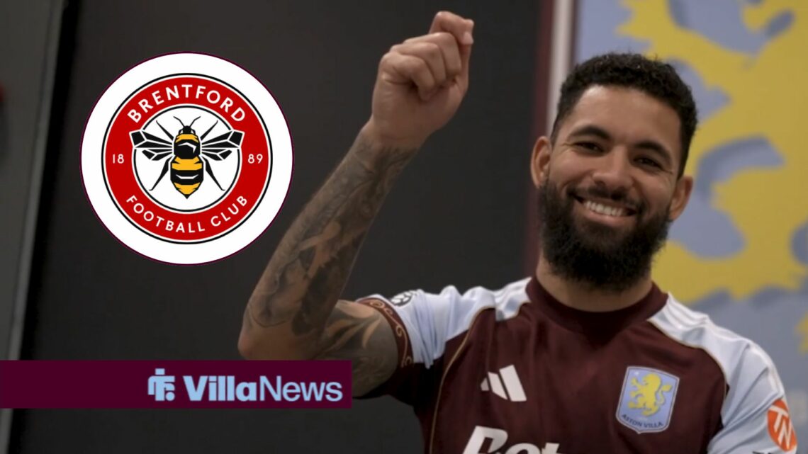 Douglas Luiz in an Aston Villa shirt alongside a circle inset of the Brentford badge