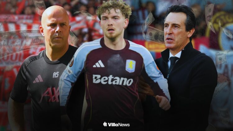 Harvey Elliott playing for Aston Villa next to Arne Slot and Unai Emery