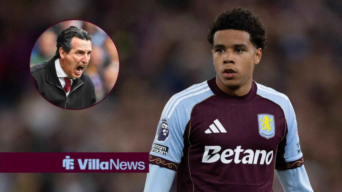 Unai Emery (inset) shouts instructions at Aston Villa's players, as Bradley Burrowes looks on