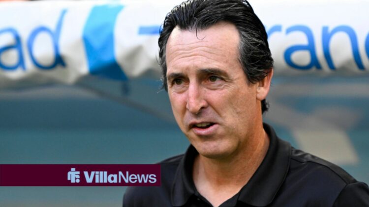 Aston Villa manager Unai Emery looks confused in the dugout.
