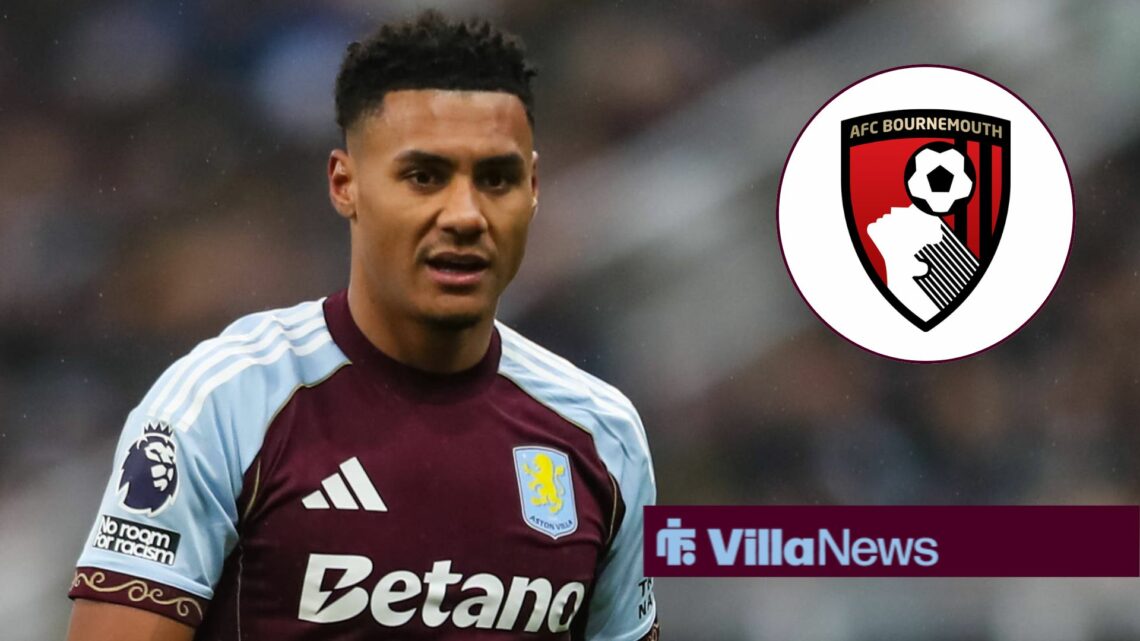 Ollie Watkins playing for Aston Villa looking towards a circle inset of the Bournemouth badge