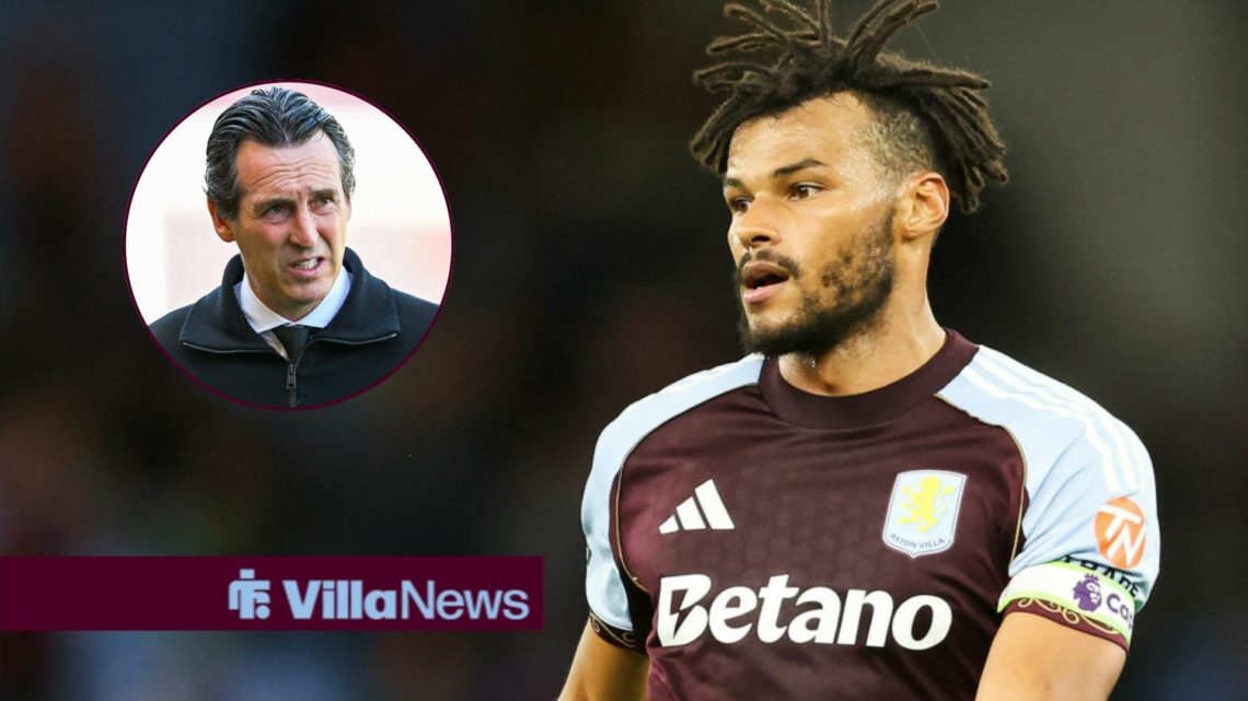 Tyrone Mings playing for Aston Villa looking towards a circle inset of Unai Emery looking annoyed