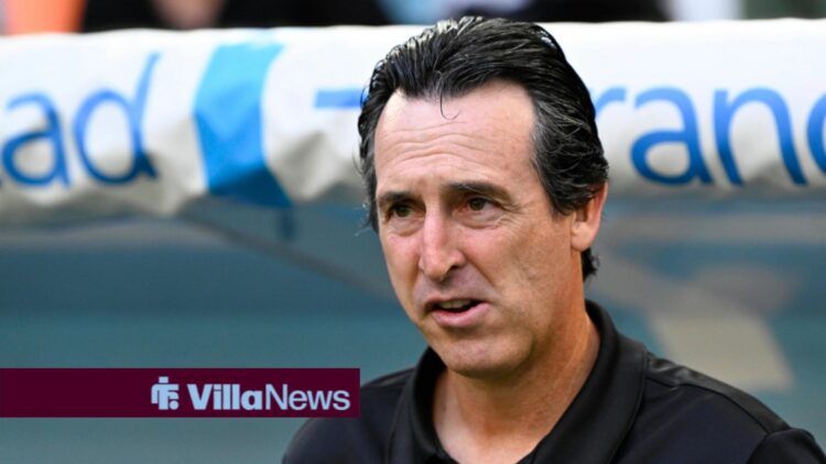 Aston Villa manager Unai Emery looks confused in the dugout.