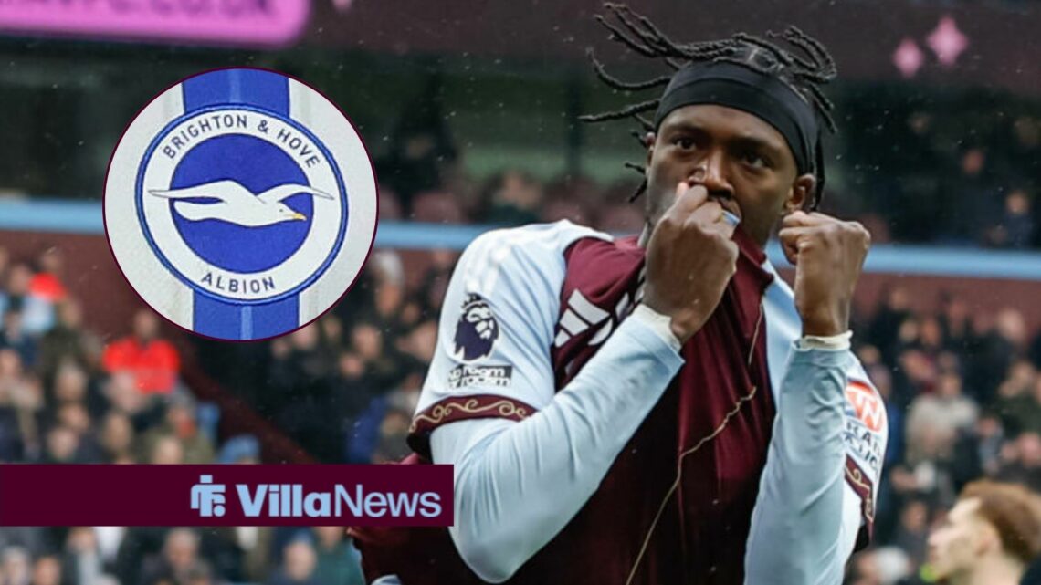 Tammy Abraham celebrating for Aston Villa looking towards a circle inset of the Brighton badge