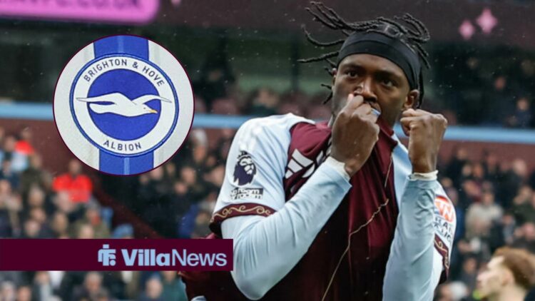 Tammy Abraham celebrating for Aston Villa looking towards a circle inset of the Brighton badge