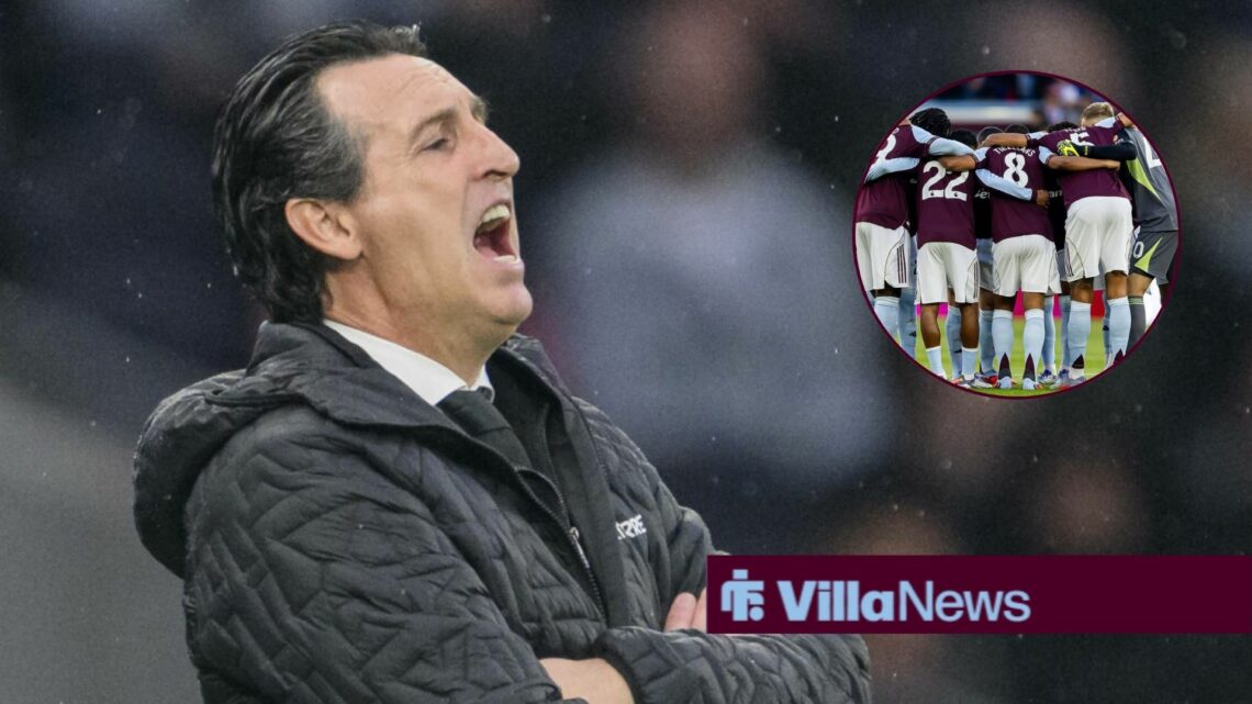 Unai Emery looking annoyed towards a circle inset of the Aston Villa squad