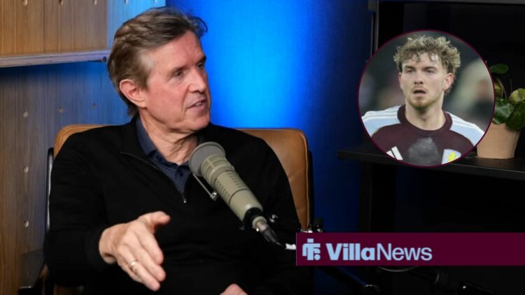 Christian Purslow speaking looking towards a circle inset of Harvey Elliott playing for Aston Villa