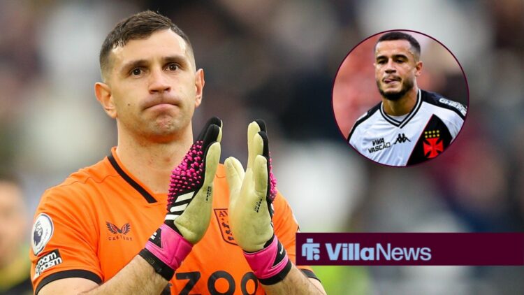 Aston Villa's Emi Martinez applauds the fans, with Philippe Coutinho in action inset