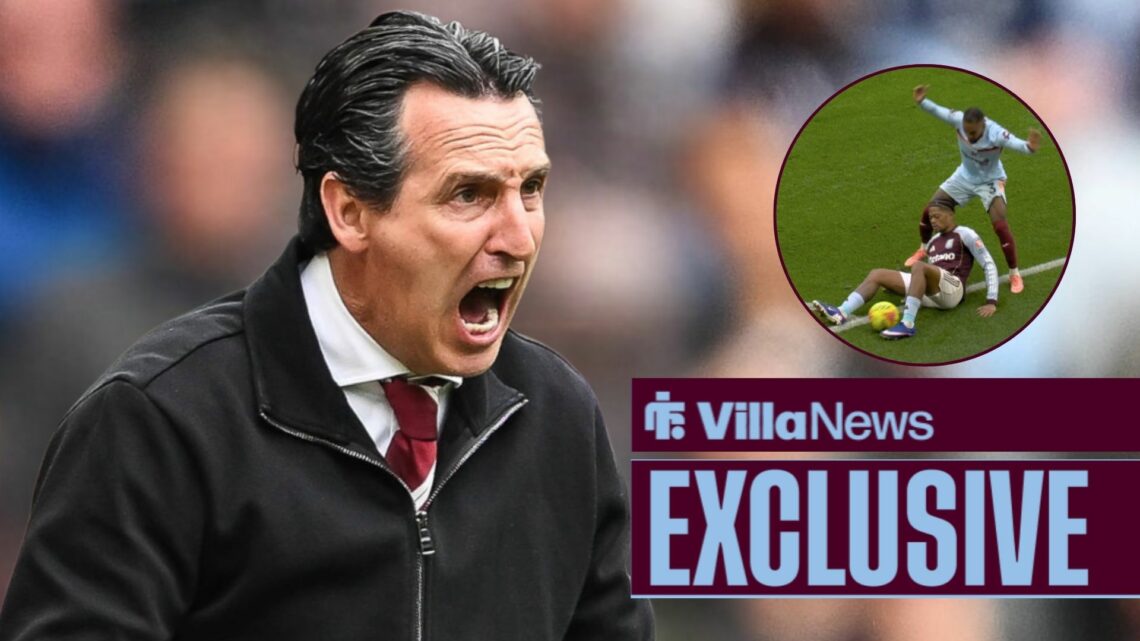 Unai Emery looking furious towards a circle inset of Leon Bailey attempting to keep the ball in play for Aston Villa against Brentford