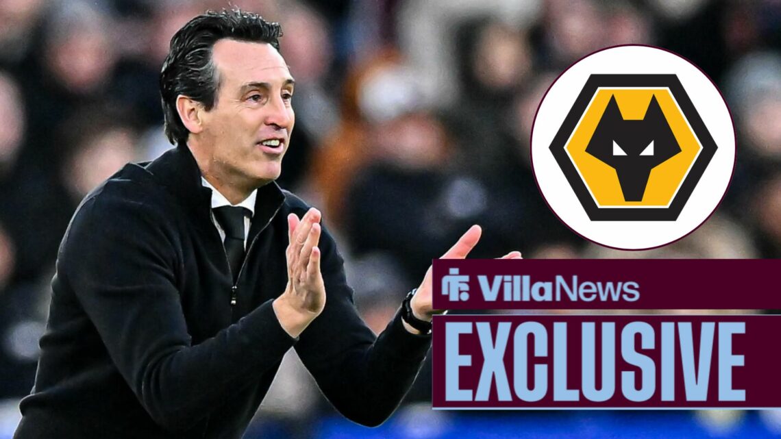 Unai Emery clapping looking towards a circle inset of the Wolves badge