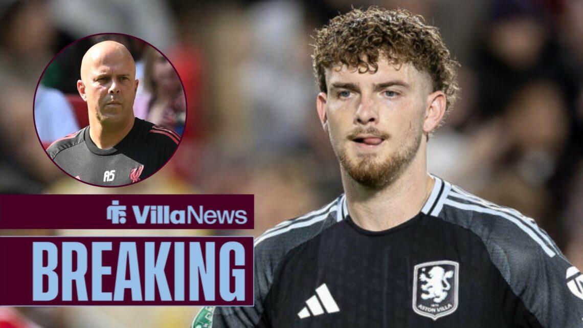 Harvey Elliott playing for Aston Villa looking towards Arne Slot in a circle inset