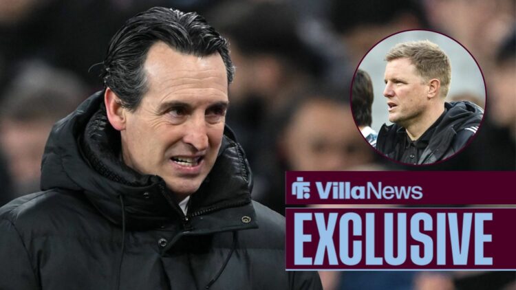 Unai Emery looking uneasy with Eddie Howe straight faced in frame