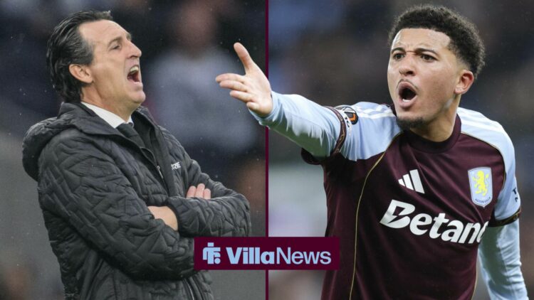 Jadon Sancho looking annoyed pointing towards Unai Emery