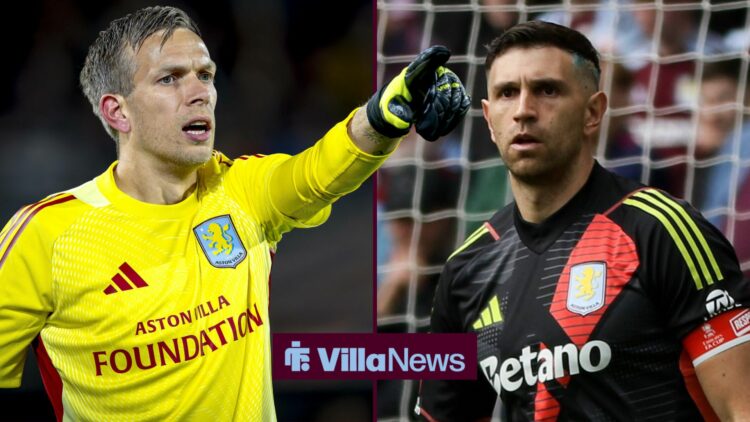 Marco Bizot pointing looking towards Emi Martinez playing for Aston Villa