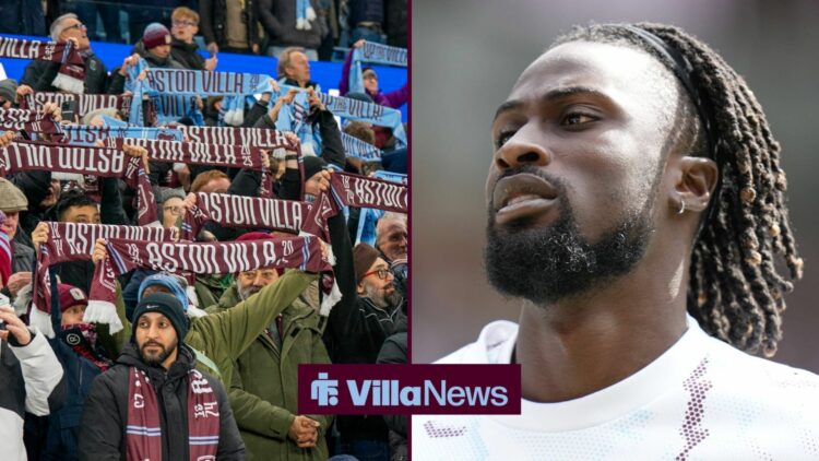 Aston Villa fans holding scarves with Evann Guessand next to them.
