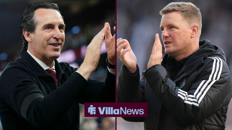 Aston Villa manager Unai Emery and Newcastle United manager Eddie Howe clapping