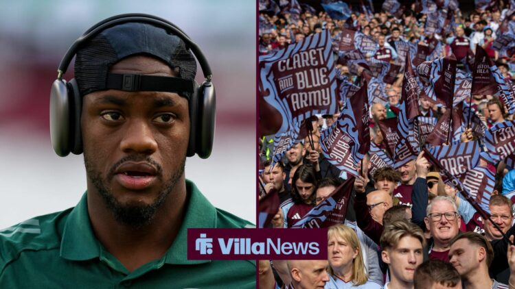 Jhon Duran steps out onto the pitch before a Premier League game for Aston Villa as he looks in 50;50 image with Aston Villa fans waving flags duri...