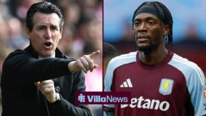 Birmingham, England, 1st February 2026. Tammy Abraham of Aston Villa during the Aston Villa vs Brentford Premier League match at Villa Park, Birmingham and Aston Villa manager Unai Emery pointing