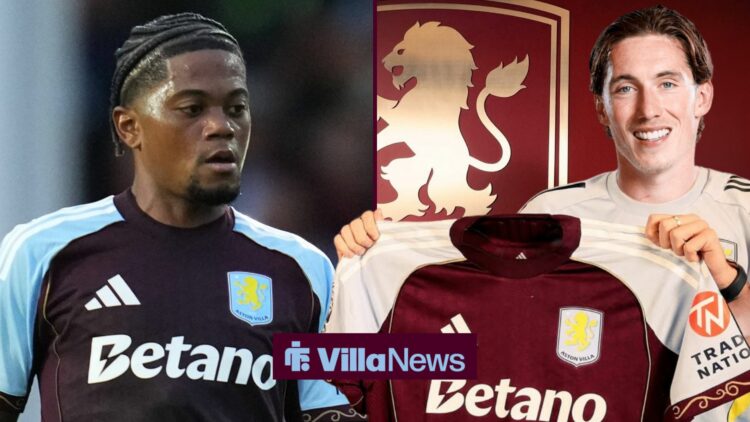 Leon Bailey playing for Aston Villa looking annoyed towards Harry Wilson holding up an Aston Villa shirt