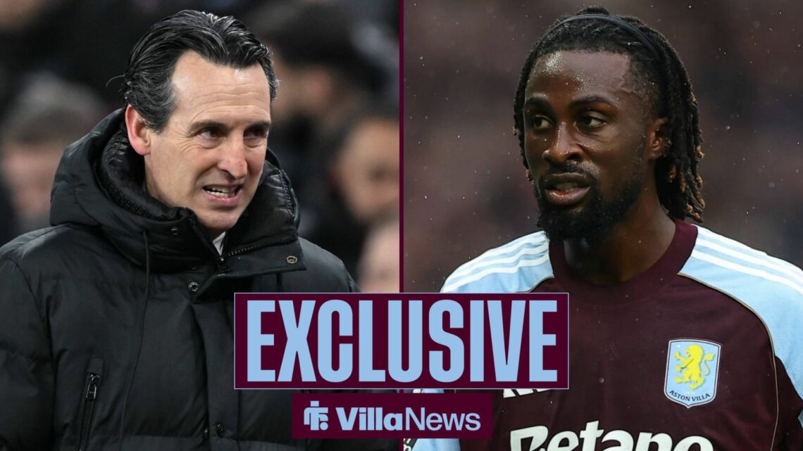 Unai Emery looking annoyed towards Evann Guessand playing for Aston Villa