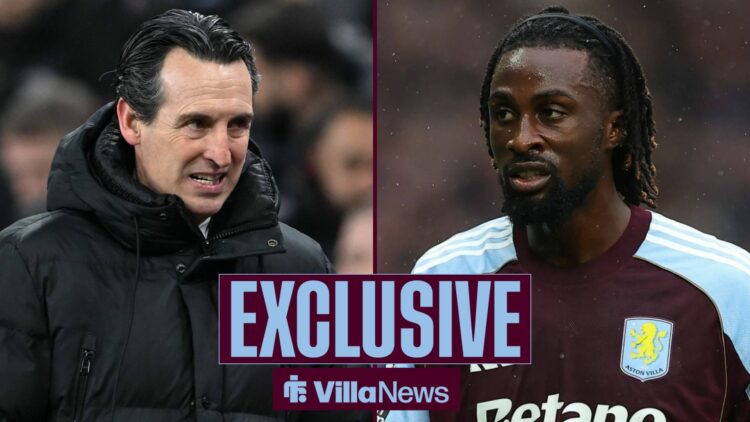 Unai Emery looking annoyed towards Evann Guessand playing for Aston Villa