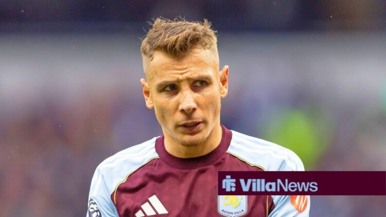 19 Oct 2025 Lucas Digne of Aston Villa applauds the travelling fans as he walks over to take a corner London The Tottenham Hotspur Stadium