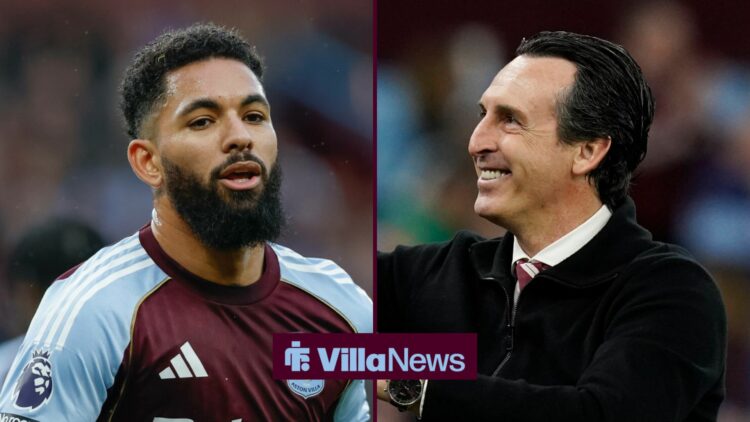 Aston Villa star Douglas Luiz in action, Unai Emery smiling.