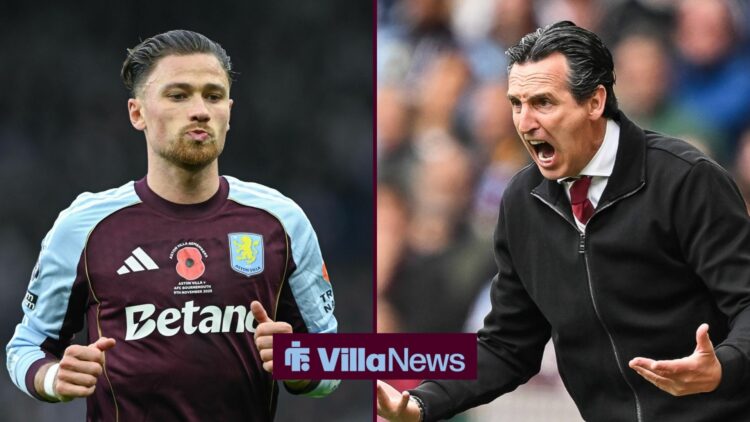 Matty Cash in action for Aston Villa, Unai Emery looking furious on the sidelines.