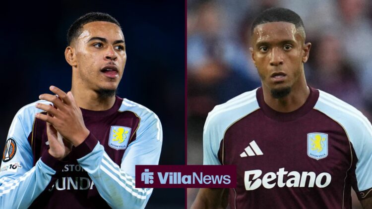 Morgan Rogers of Aston Villa FC applauds for the fans during the UEFA Europa League match with Feyenoord, Ezri Konsa in action.
