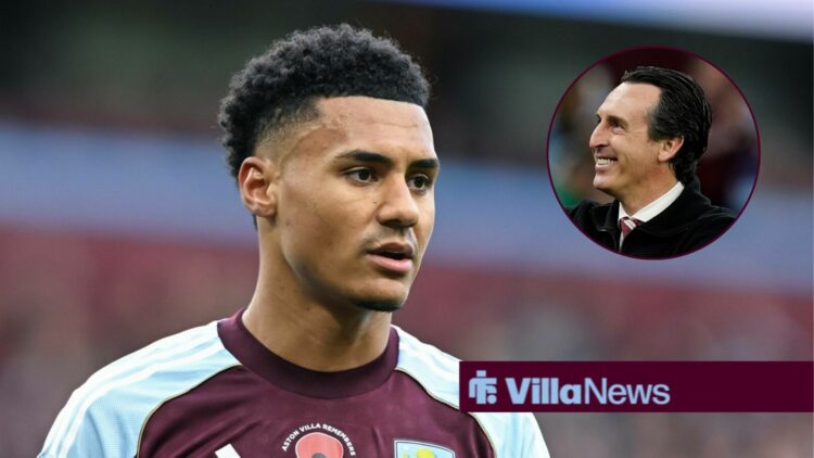Aston Villa star Ollie Watkins, Unai Emery smiling.