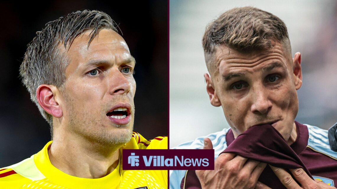 Aston Villa goalkeeper and Lucas Digne in split image