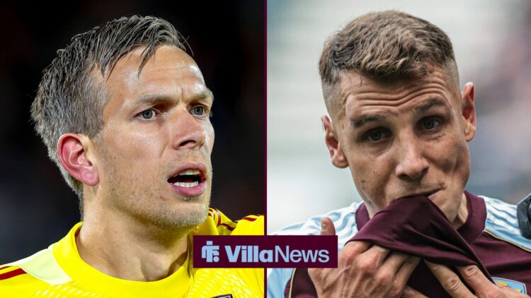 Aston Villa goalkeeper and Lucas Digne in split image