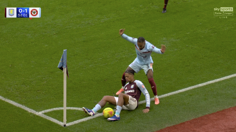 Leon Bailey attempting to keep the ball in play for Aston Villa against Brentford