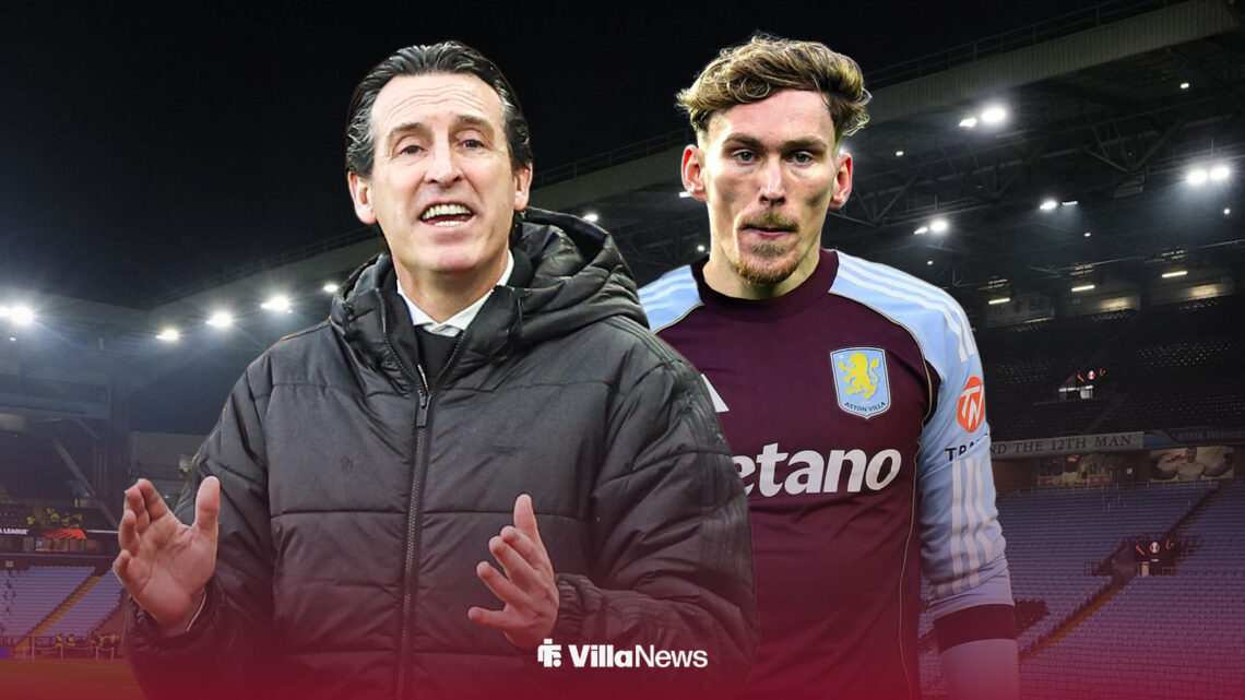 Unai Emery with James Garner in an Aston Villa shirt with Villa Park background