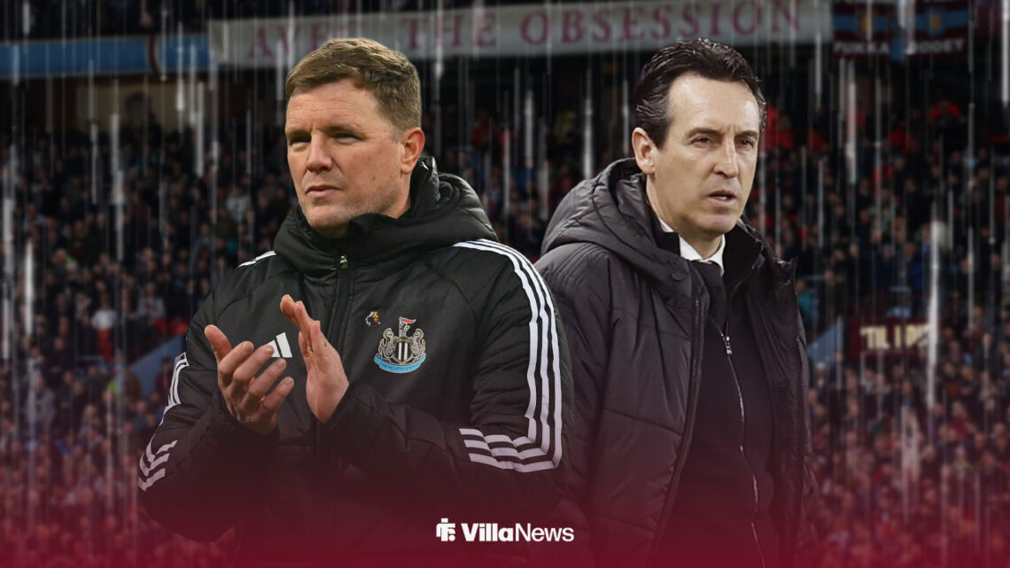 Eddie Howe and Unai Emery alongside each other with rain pouring in the background at Villa Park.