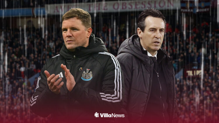 Eddie Howe and Unai Emery alongside each other with rain pouring in the background at Villa Park.